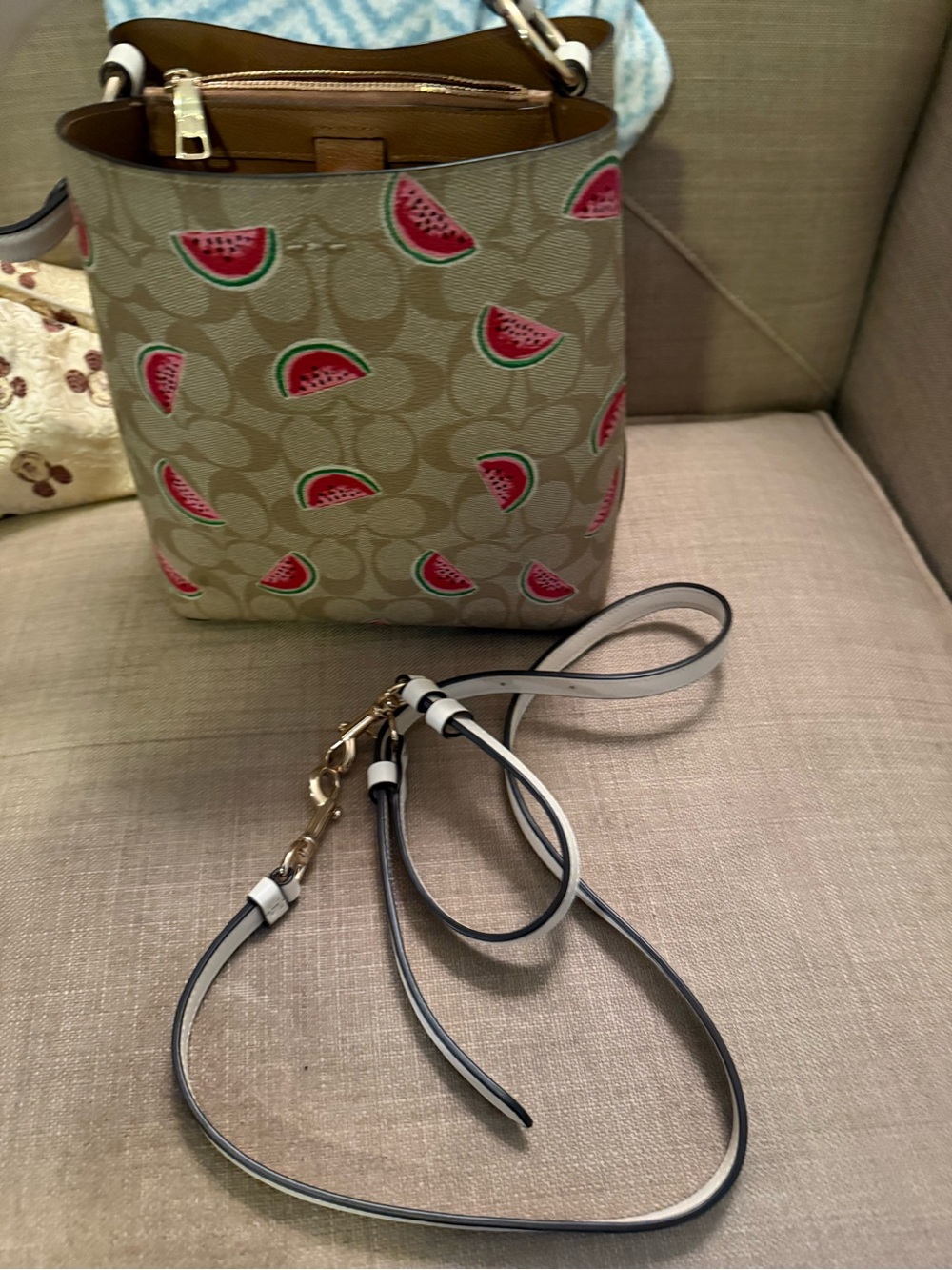 Coach Beige Signature Canvas Crossbody with Watermelon Print and White Strap and - Picture 9 of 9